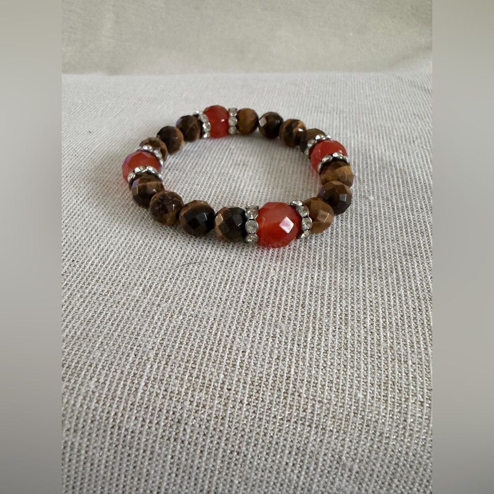 Coral and Brown Beaded Stretch Bracelet
